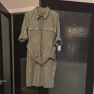 Chaps Green Belted Dress with Gold Buttons